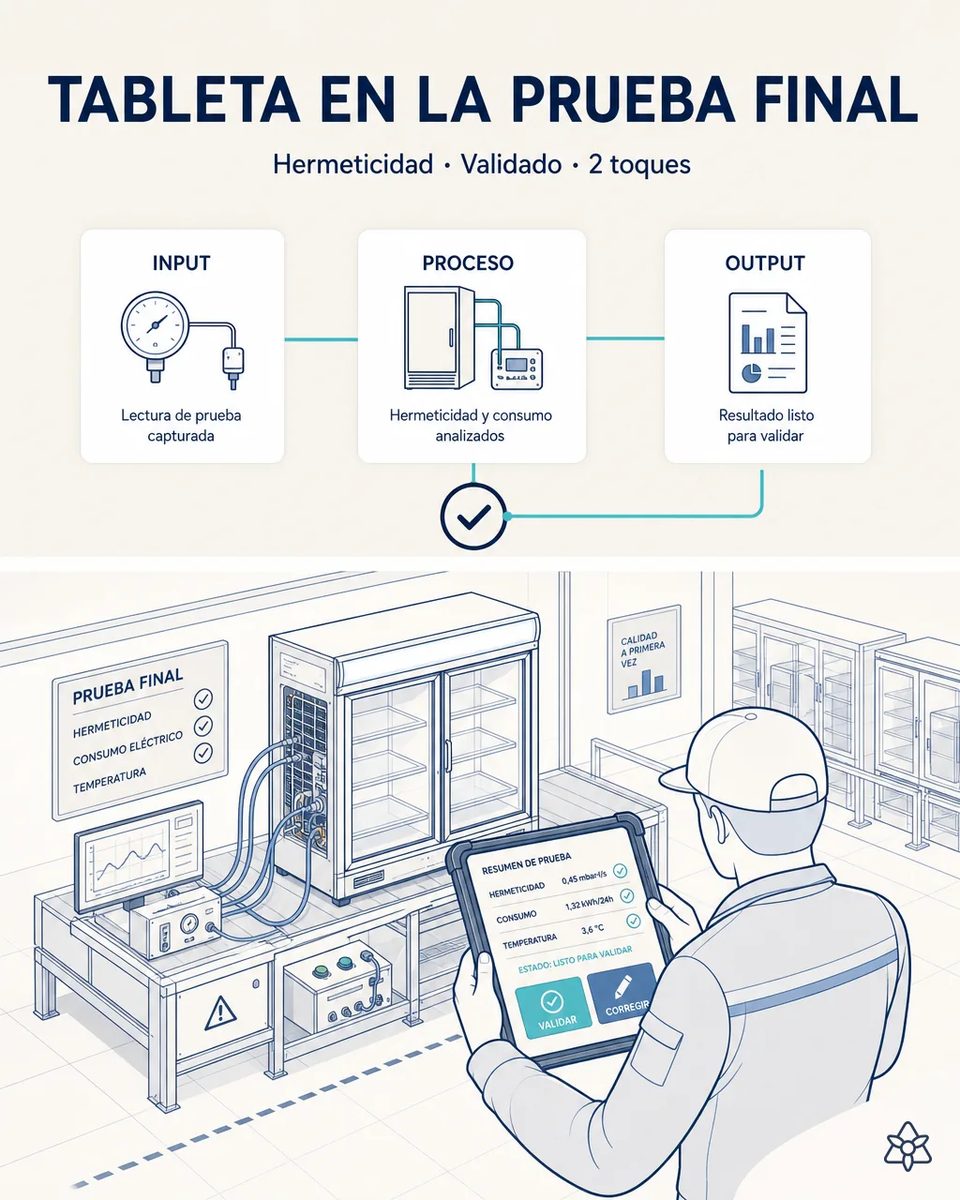 Técnico de prueba final validando en una tableta industrial la hermeticidad, el consumo y la temperatura de una vitrina refrigerada de dos puertas de vidrio conectada al banco de prueba
