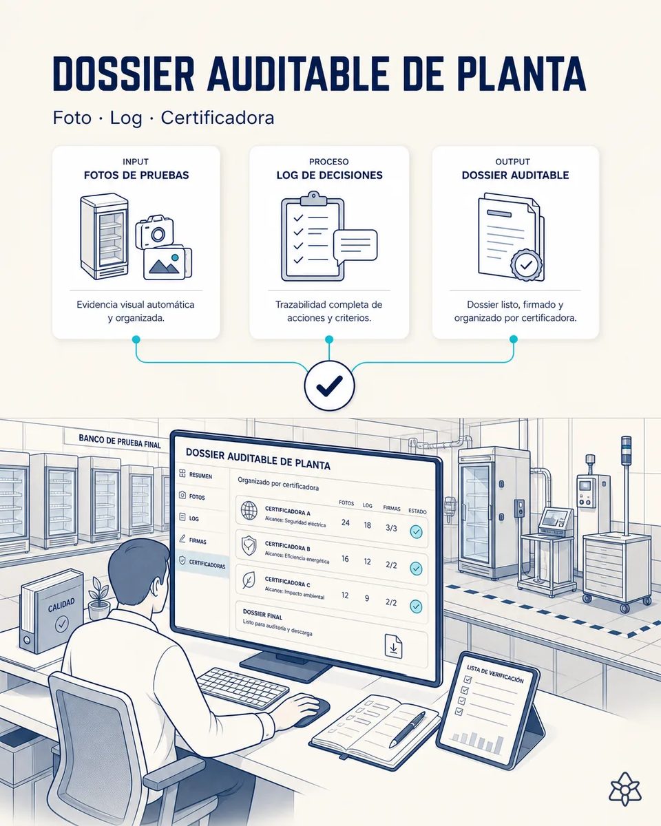 Responsable de calidad revisando en pantalla un dossier auditable organizado por certificadora, con fotos, log de decisiones y firmas por alcance, junto al banco de prueba final de vitrinas