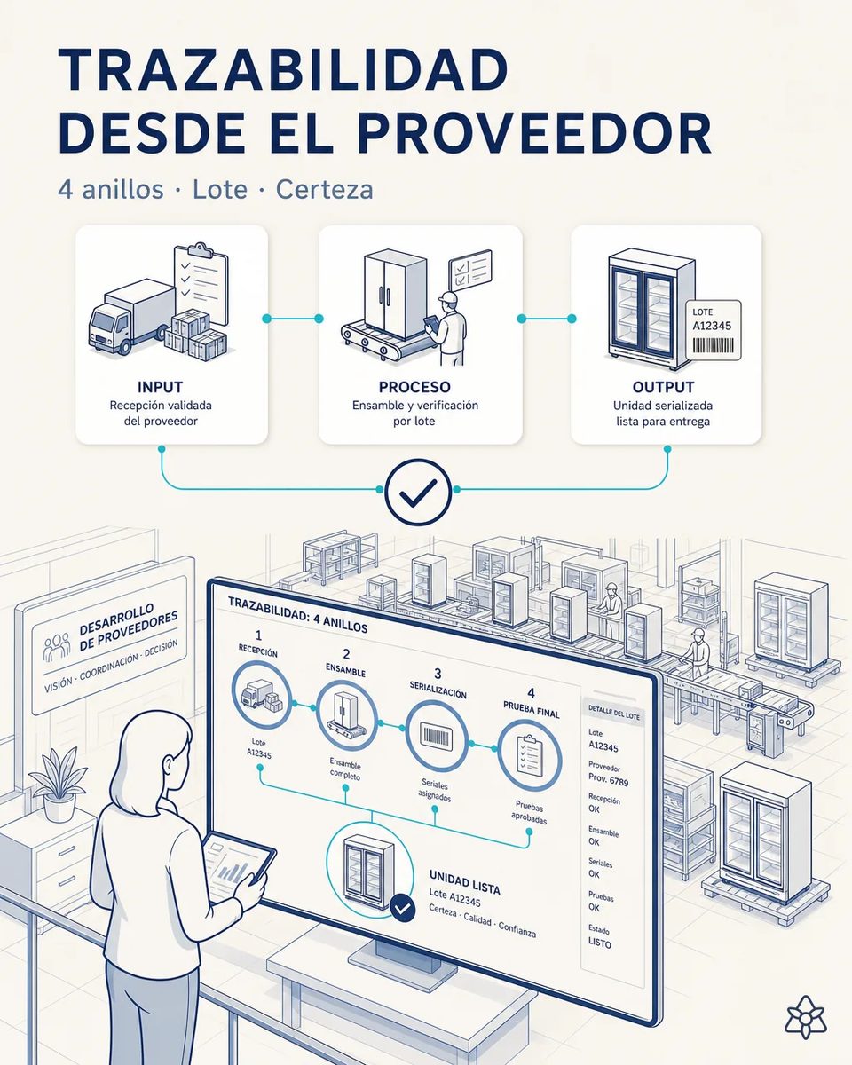 Responsable de calidad ante una pantalla con los cuatro anillos de trazabilidad —recepción, ensamble, serialización y prueba final— de un lote de proveedor, con la línea de vitrinas al fondo