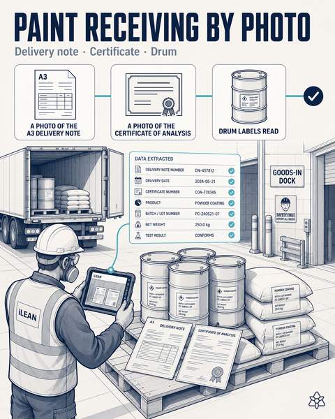 A3 delivery note and CoA captured by photo at the paint receiving dock