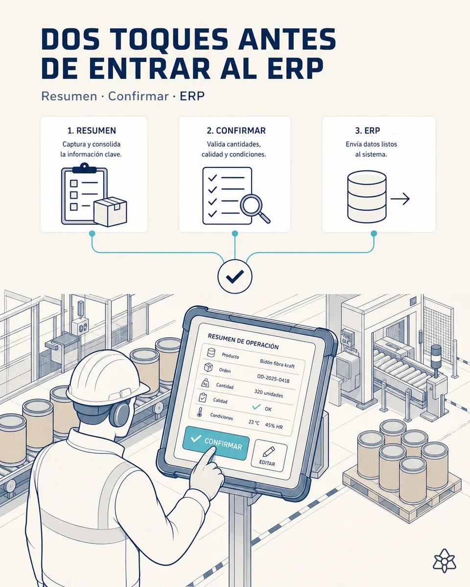 Operario con casco y protección auditiva confirmando en una tableta industrial a pie de línea el resumen de operación de un pedido de bidón de fibra kraft, con bidones en la cinta y en palé