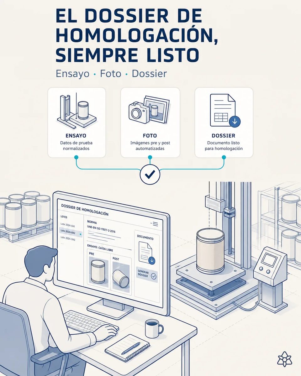 Responsable de calidad generando en pantalla el dossier de homologación de un lote con fotos pre y post de un ensayo de caída libre, junto a la torre de ensayo con un bidón de fibra kraft