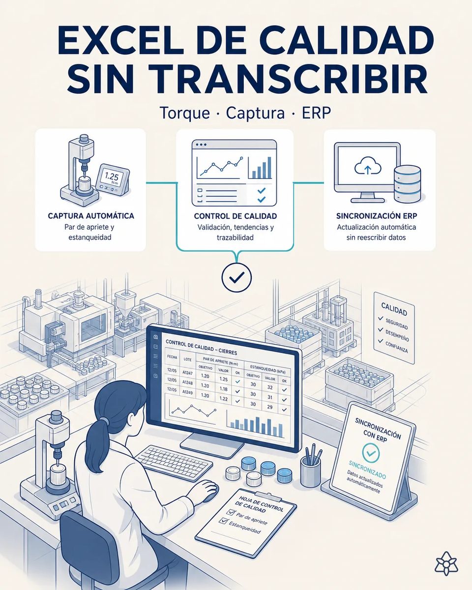 Técnica de laboratorio frente a un monitor con la hoja de control de calidad de cierres, par de apriete y estanqueidad por lote, con un torquímetro de sobremesa, tapones de muestra y una pantalla de sincronización con ERP