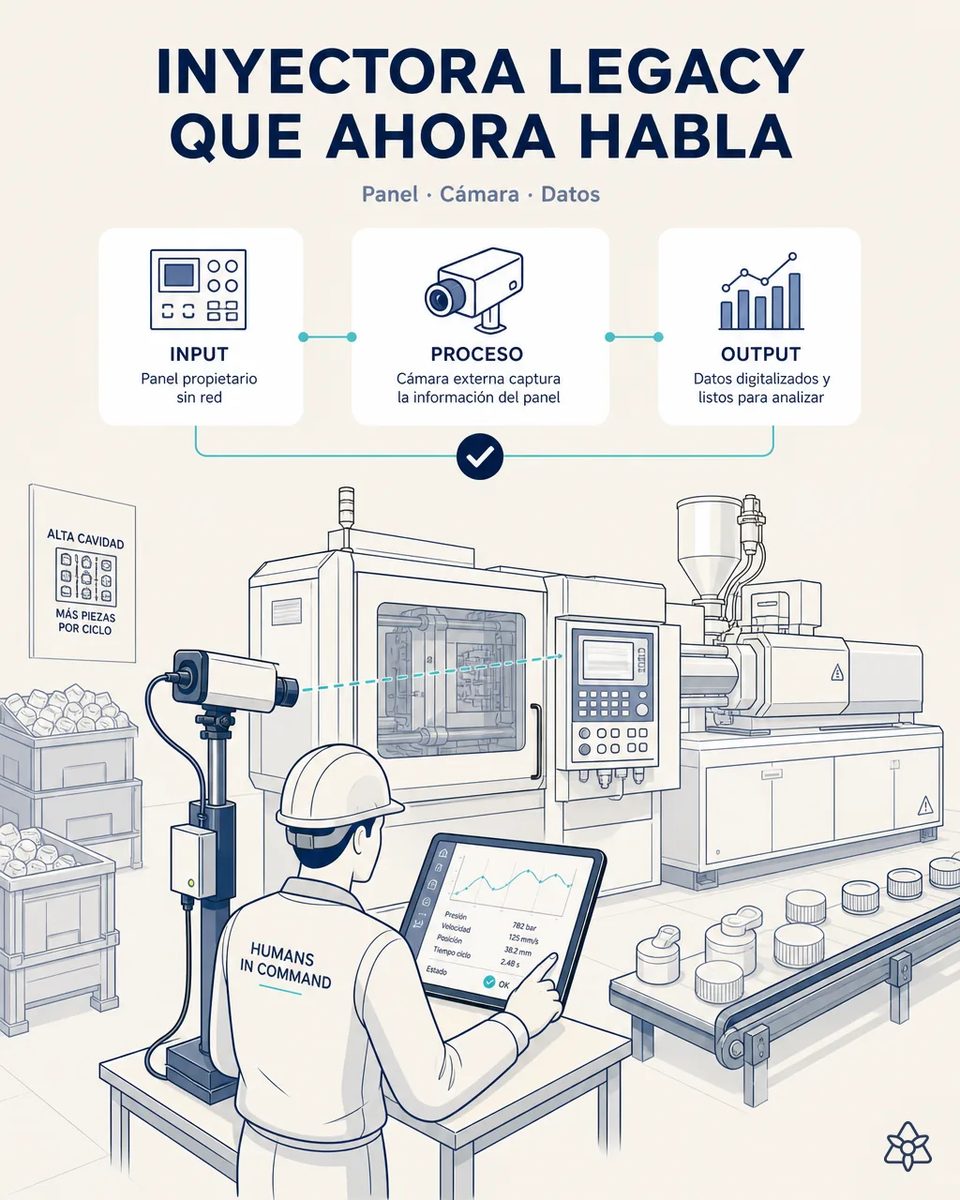 Cámara industrial sobre pie apuntando al panel propietario de una inyectora de alta cavidad, mientras un técnico revisa en una tableta presión, velocidad y tiempo de ciclo digitalizados, con tapones saliendo por la cinta