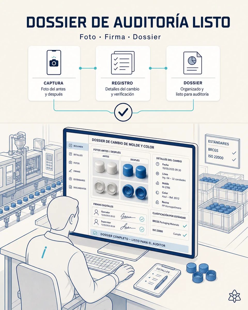 Responsable de calidad ante un monitor con el dossier de un cambio de molde y color de tapones, fotos antes y después, firmas digitales y clasificación BRCGS e ISO 22000, con cajas de cierres azules al fondo