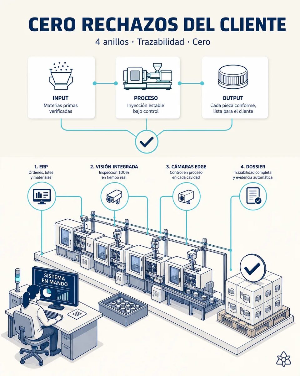 Línea de inyectoras de tapones con cuatro anillos de verificación —ERP, visión integrada, cámaras Edge y dossier— conectados hasta un palé de cajas de cierres validado, con una responsable en el puesto de control