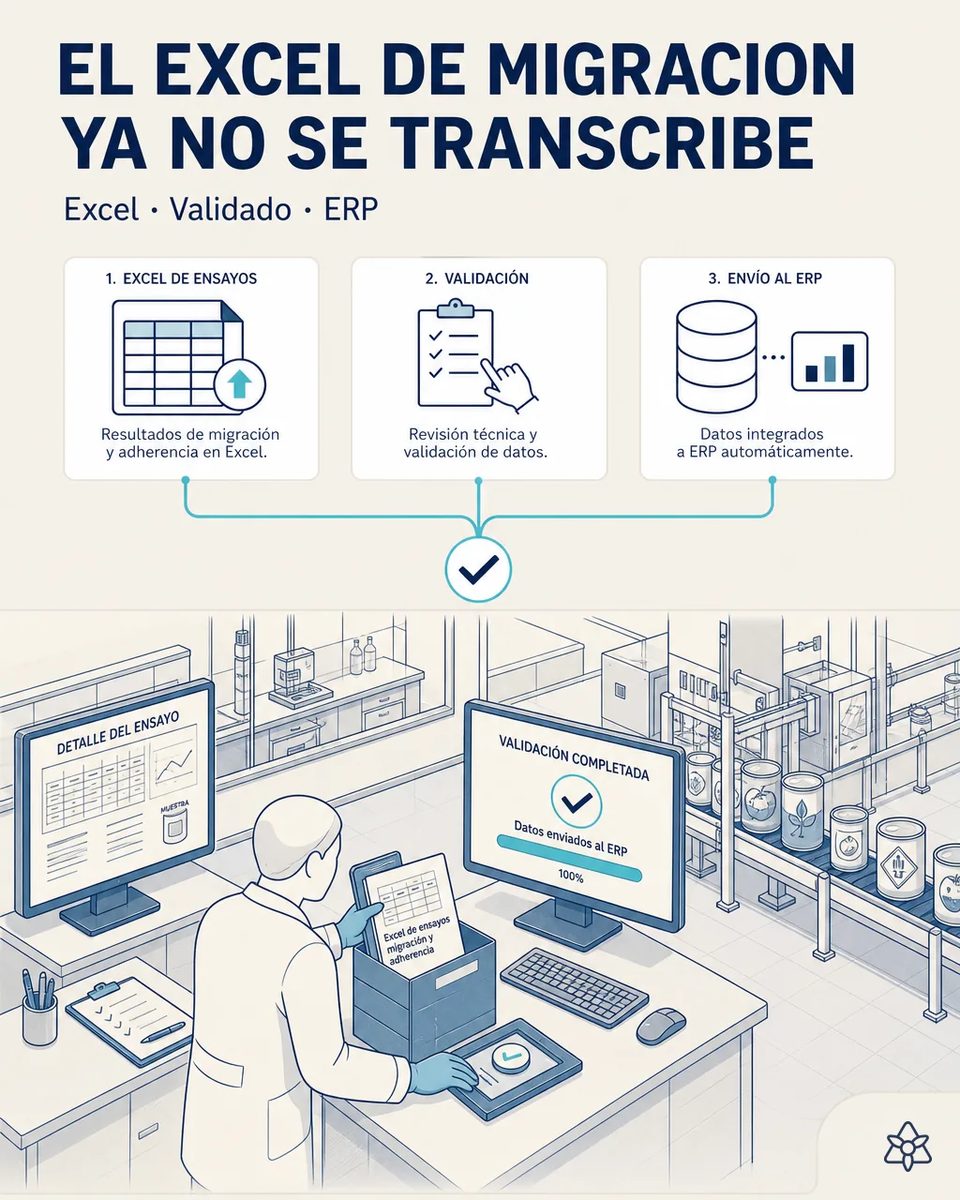 Técnico de laboratorio validando en pantalla el envío al ERP del Excel de ensayos de migración y adherencia, con el detalle del ensayo en otro monitor y botes en la línea al fondo