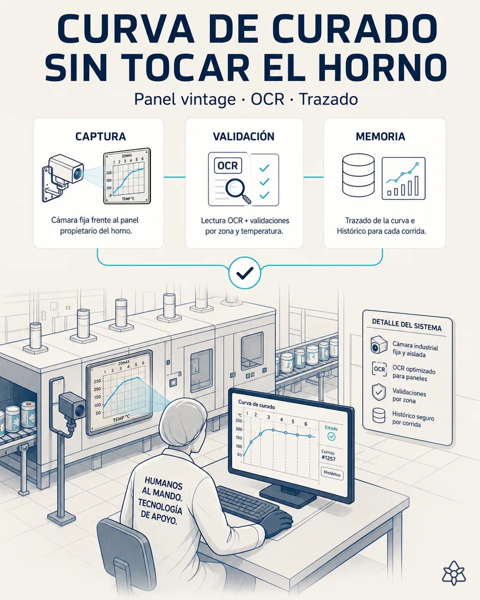 Cámara industrial fija apuntando al panel de un horno de curado con la curva de temperatura por zonas, mientras una técnica revisa en pantalla la curva digitalizada y botes saliendo por la cinta