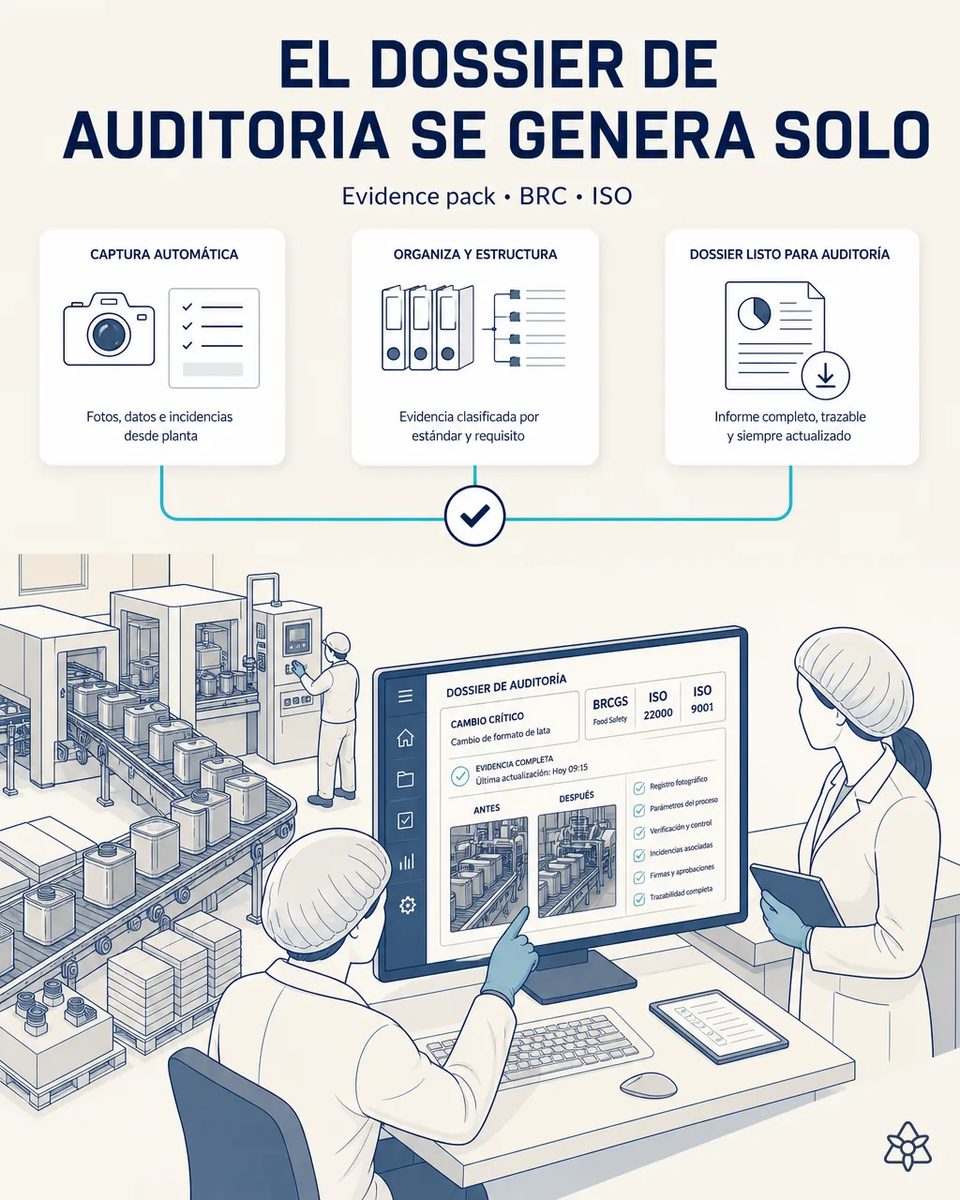 Técnica de calidad revisando en pantalla un dossier de auditoría con fotos antes y después de un cambio de formato de lata, mientras una compañera consulta la tableta junto a la línea de envases