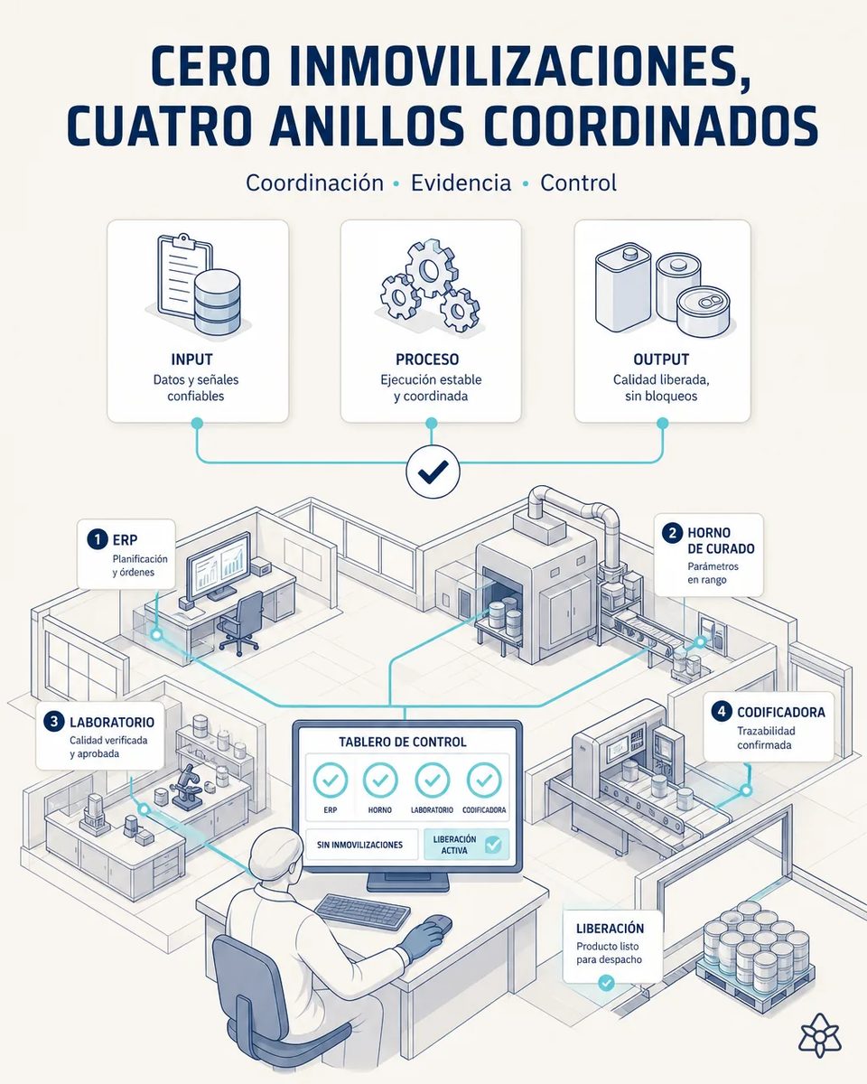 Planta de envases metálicos con cuatro puntos conectados —ERP, horno de curado, laboratorio y codificadora— hacia un tablero de control que libera los palés de latas listos para despacho