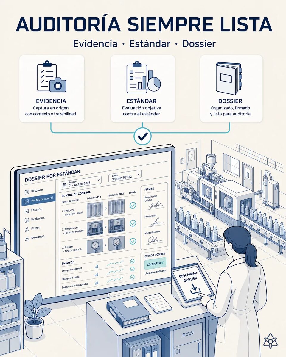 Responsable de calidad de una planta de envases de PET revisando en pantalla el dossier del periodo auditado, con ensayos, certificados de resina y cambios de molde indexados