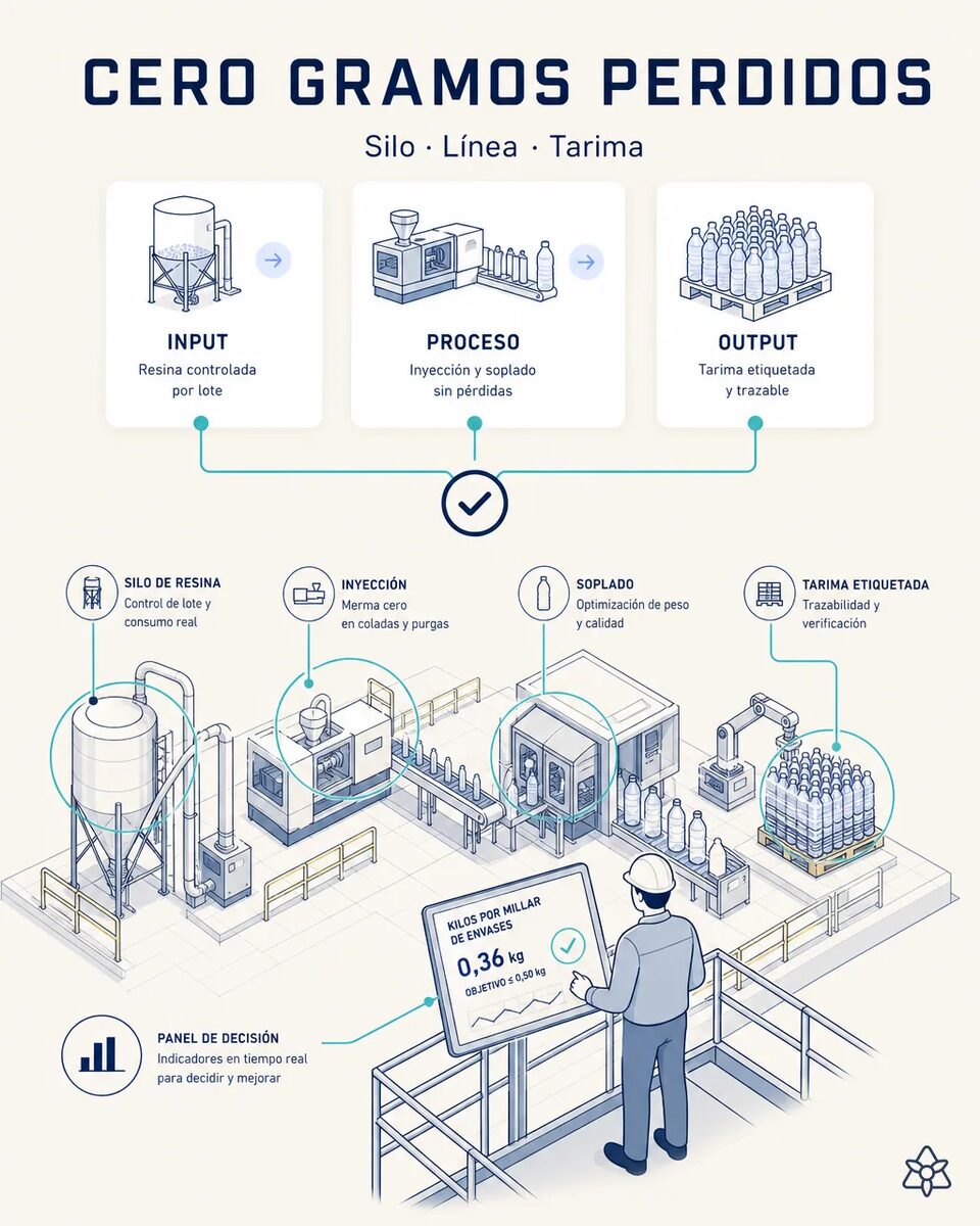 Planta de envases de PET con silos de resina, inyectoras de preforma multicavidad, sopladora rotativa y paletizado de tarimas de botella