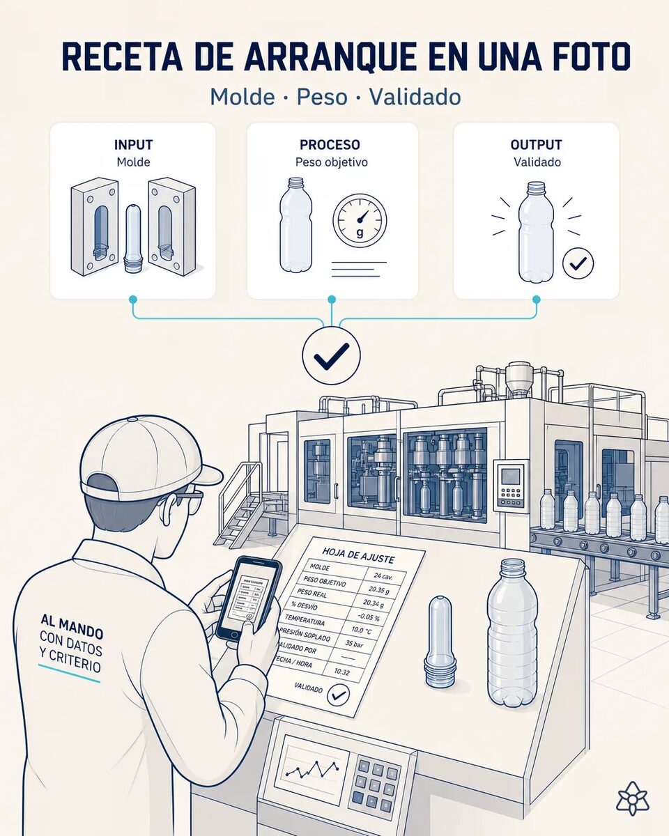 Técnico de sopladora fotografiando con la tableta industrial la hoja de ajuste manuscrita junto a la máquina, con la primera preforma y la primera botella del lote sobre el pupitre