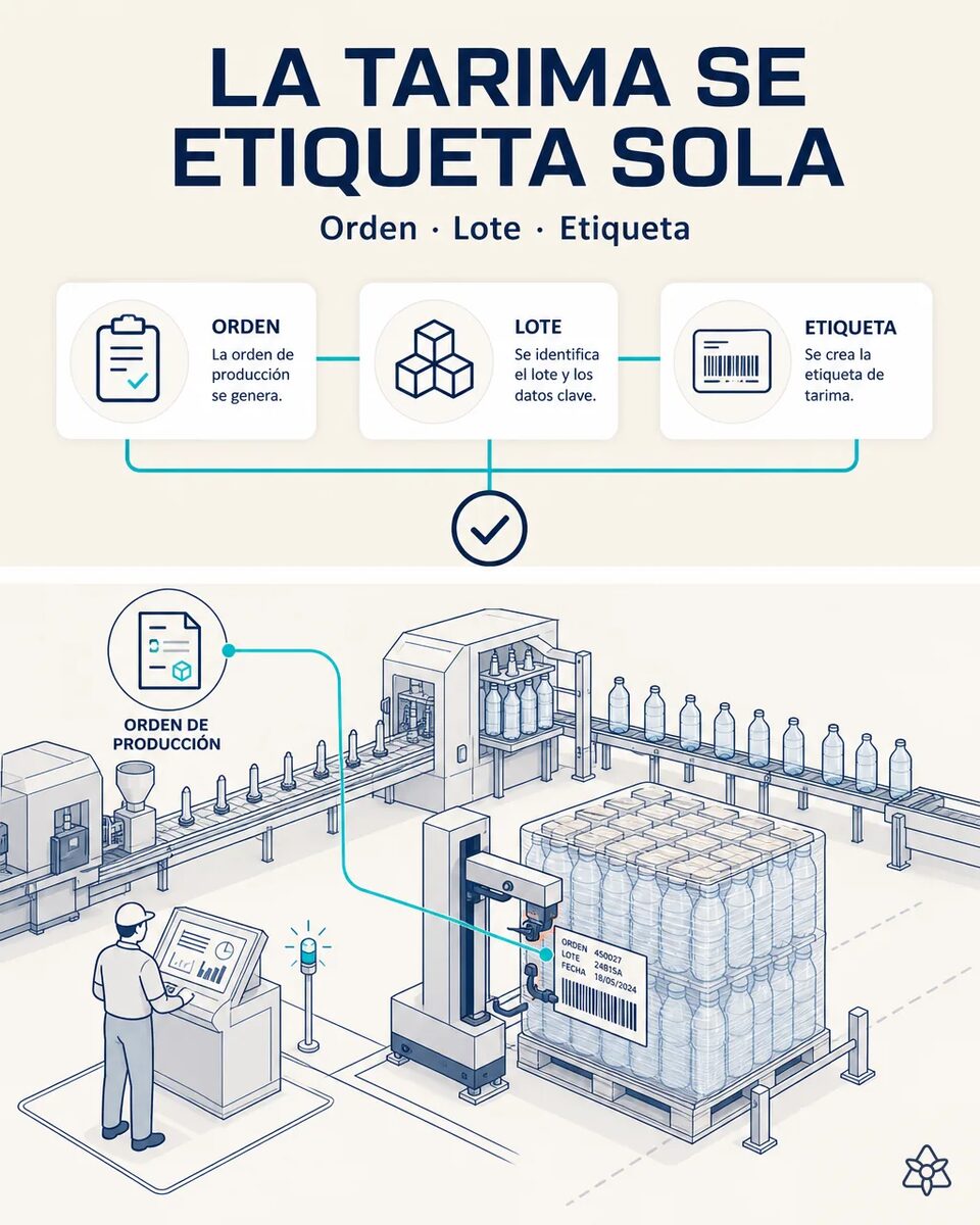 Impresora-aplicadora colocando la etiqueta GS1-128 en una tarima de botellas de PET al final de la línea de paletizado