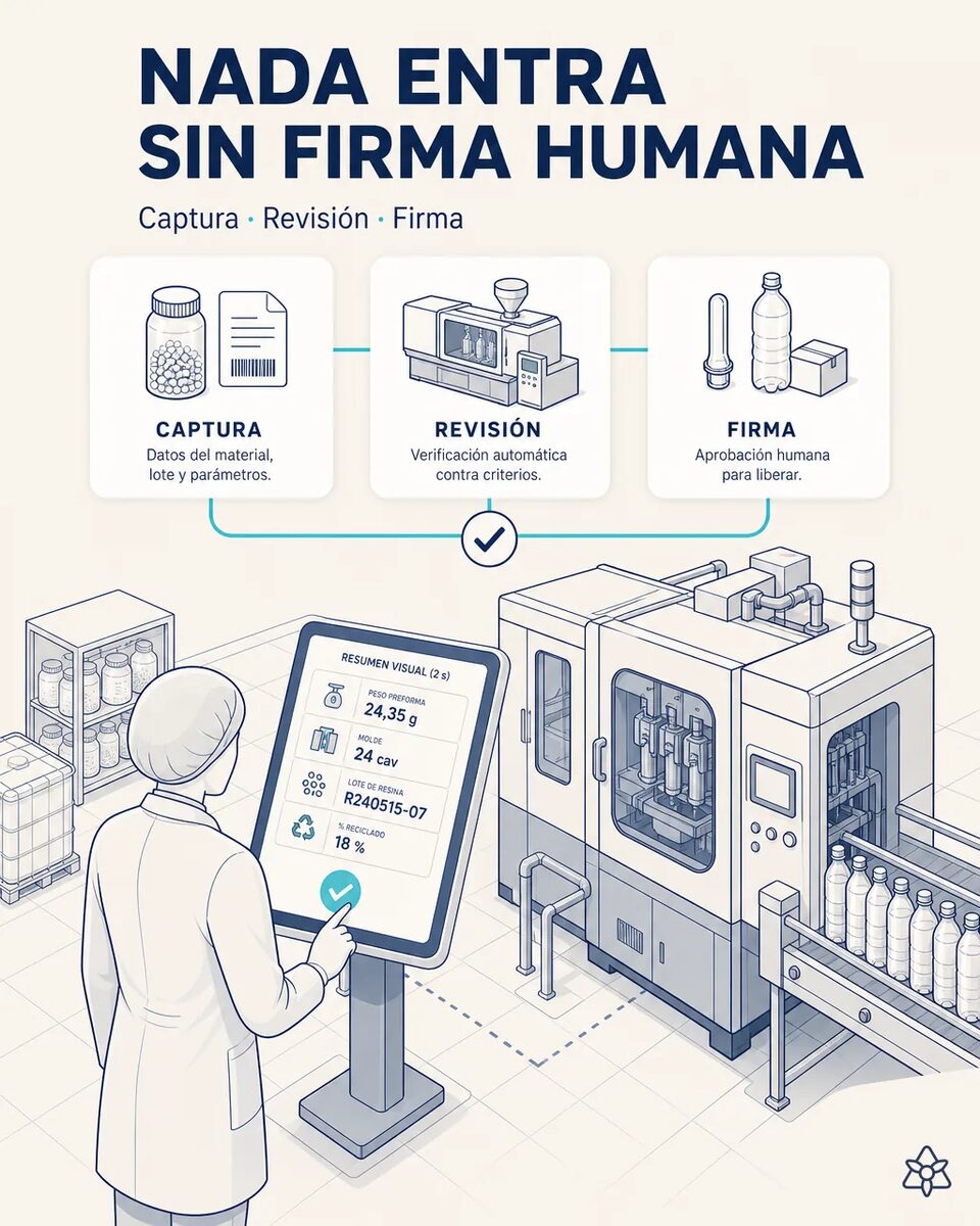 Operario validando en una tableta industrial a pie de sopladora el resumen de peso, molde y lote de resina antes de que el dato cruce al ERP