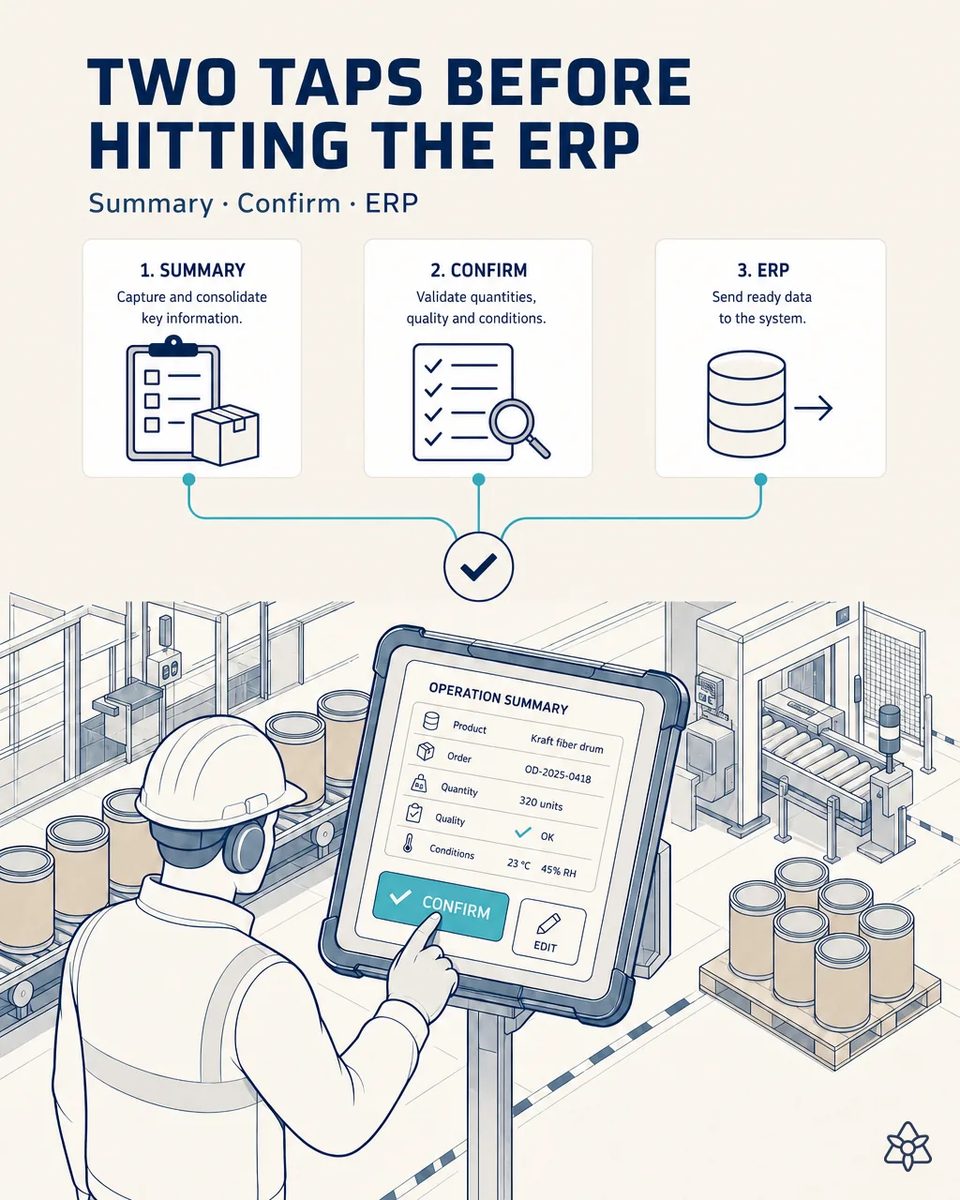Operator in a hard hat tapping confirm on a line-side industrial tablet showing a kraft fiber drum order summary, with drums on a conveyor and palletized drums behind