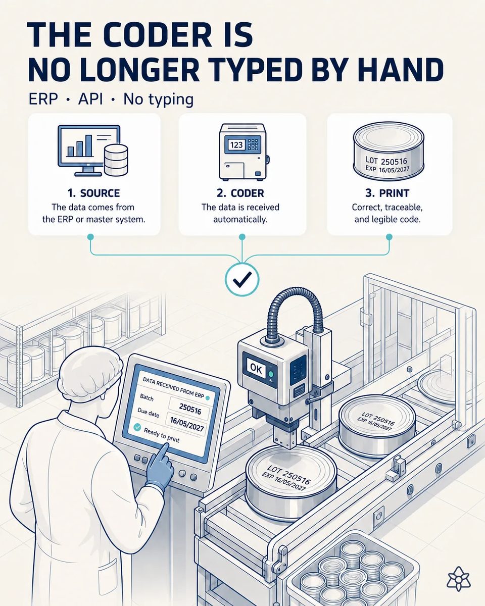 Operator in a hairnet checking batch and expiry data received from the ERP on the coder screen while the print head marks lot and date on round can ends
