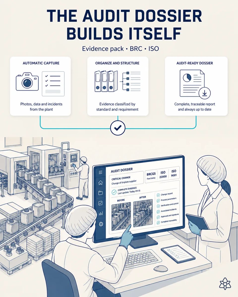 Quality staff reviewing an audit dossier on screen with before and after photos of a critical change and its evidence checklist, next to a line conveying square metal cans