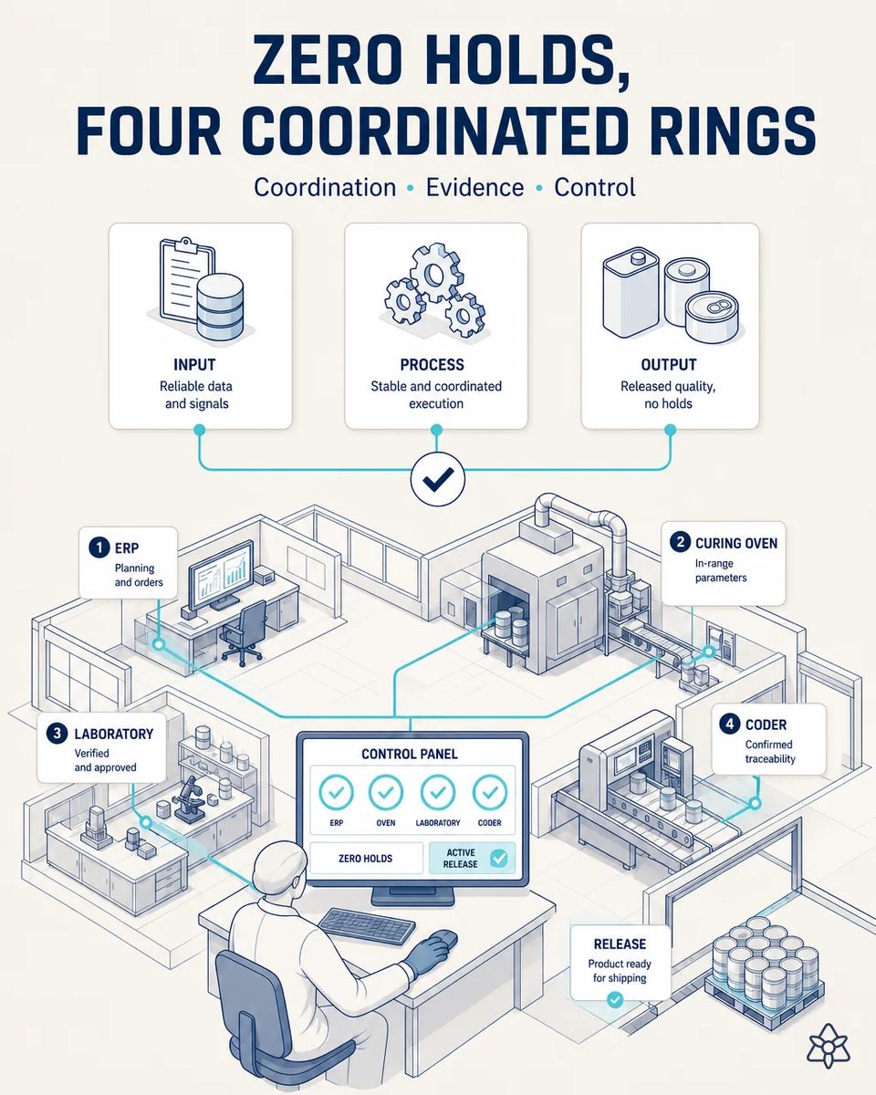 Control panel showing four green checks for ERP, curing oven, laboratory and coder, linked to each area of a metal packaging plant, with a pallet of cans released for shipping