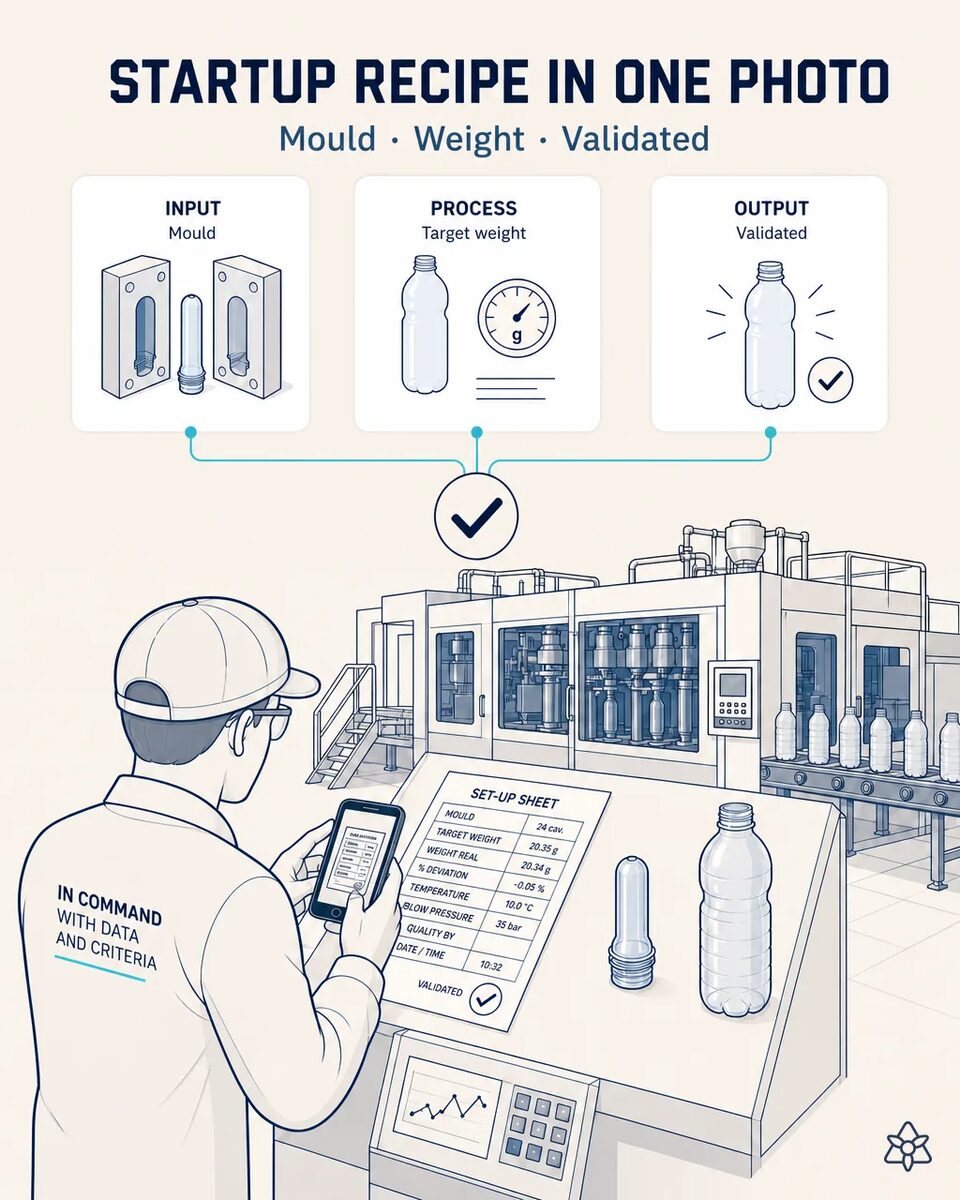 Blow molder technician photographing the handwritten setup sheet with an industrial tablet beside the machine, with the first preform and first bottle of the batch on the console