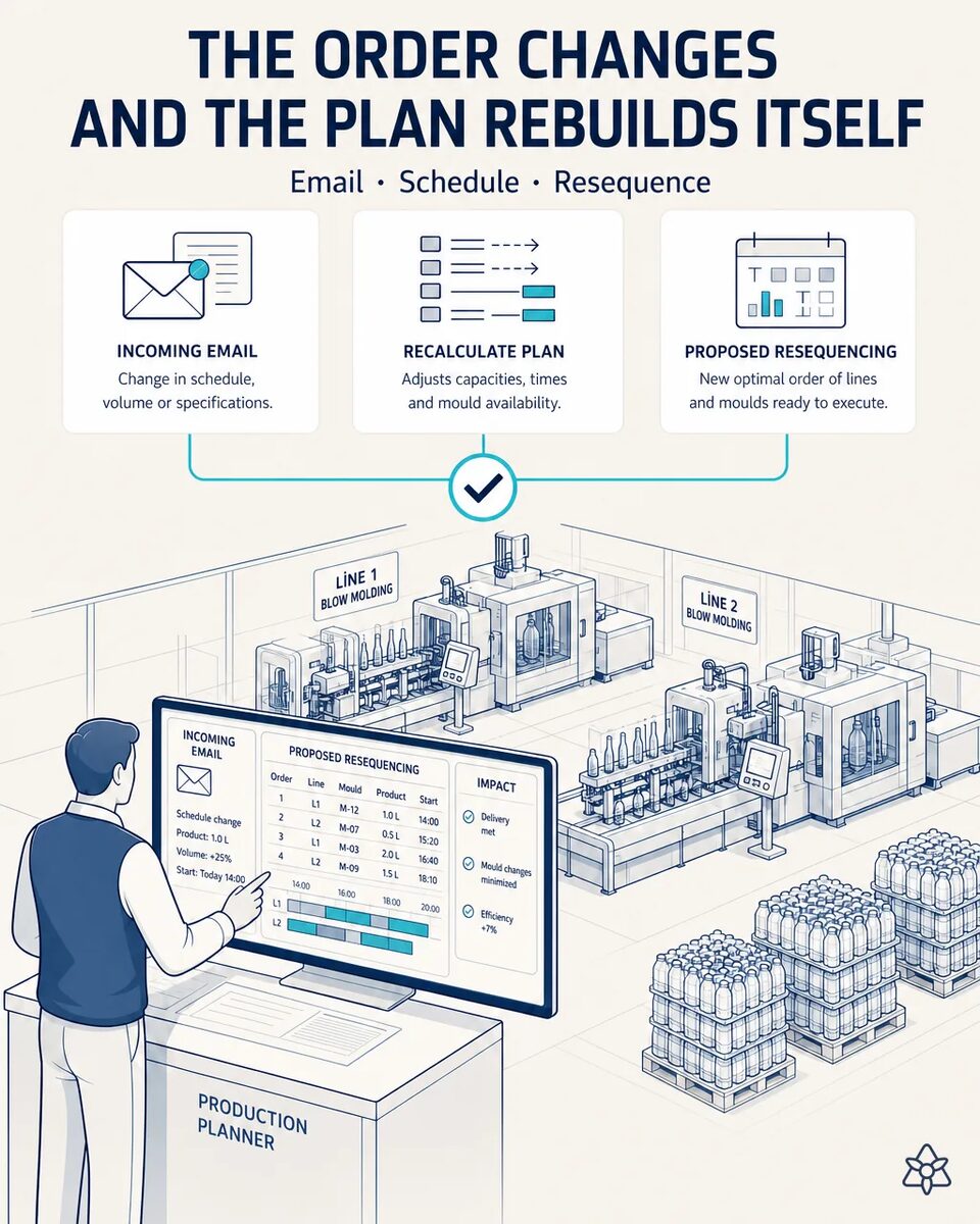 Planner at a PET converting plant reviewing the line and mold schedule alongside an order pull-in email from a bottler