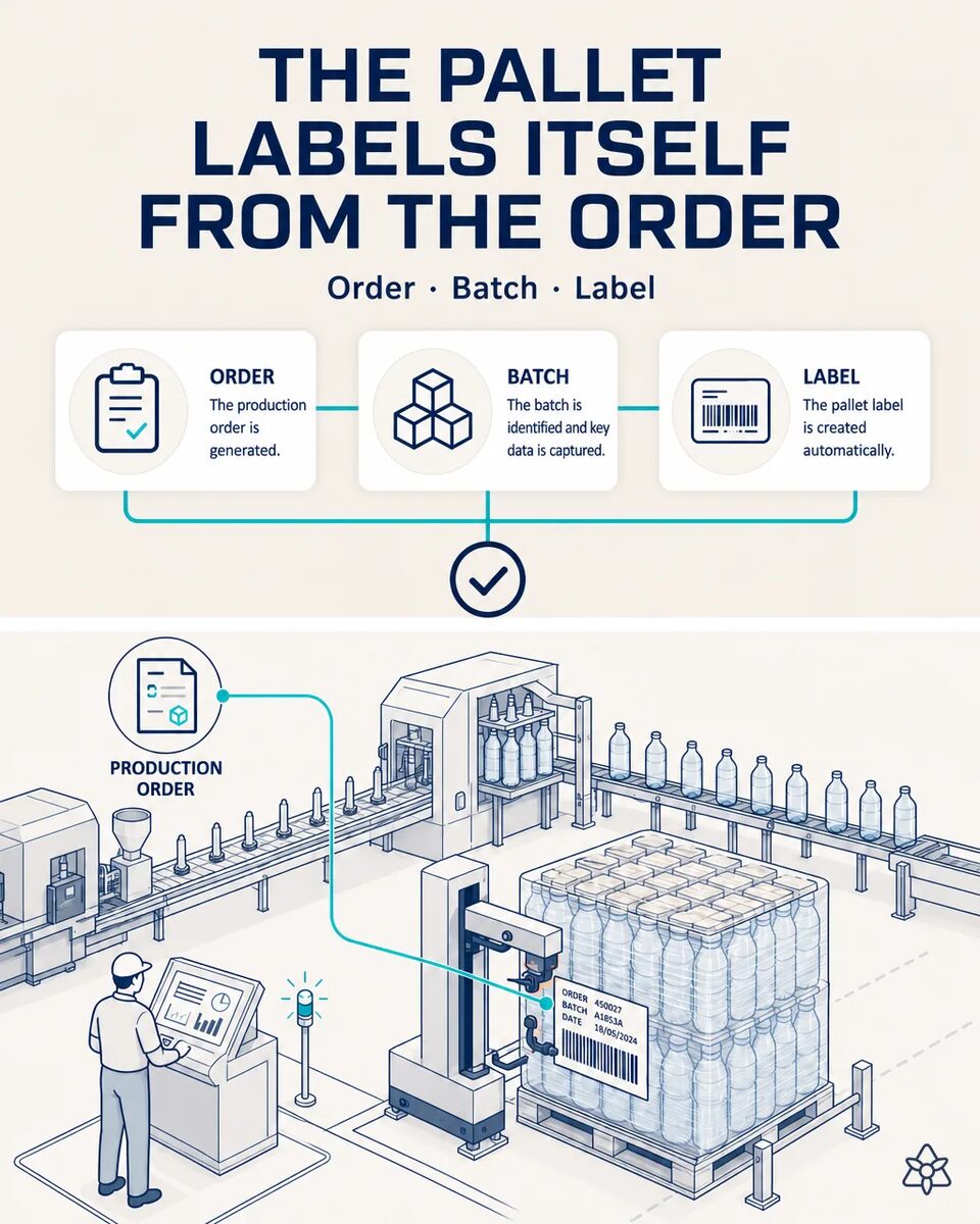 Print-and-apply unit placing the GS1-128 label on a pallet of PET bottles at the end of the palletizing line
