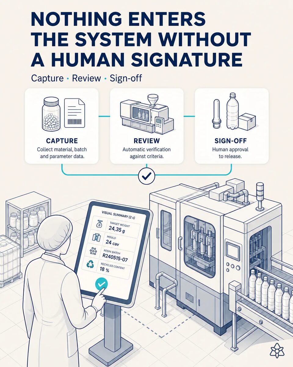 Operator validating on a line-side industrial tablet the summary of weight, mold and resin lot before the data crosses into the ERP