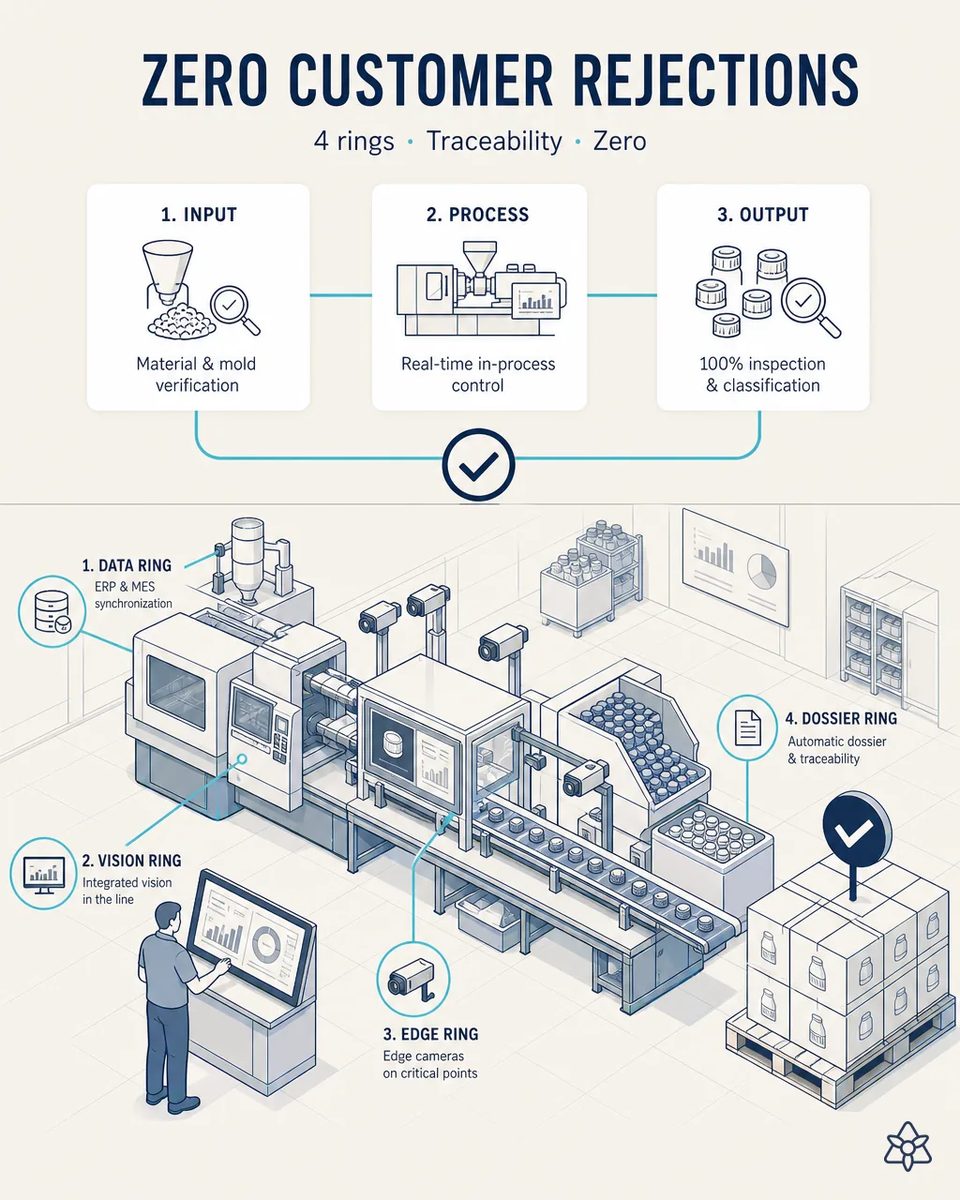 Closure injection line with labeled data, vision, Edge and dossier rings, cameras over the conveyor, an operator at a dashboard and a checked pallet of boxed caps ready to ship