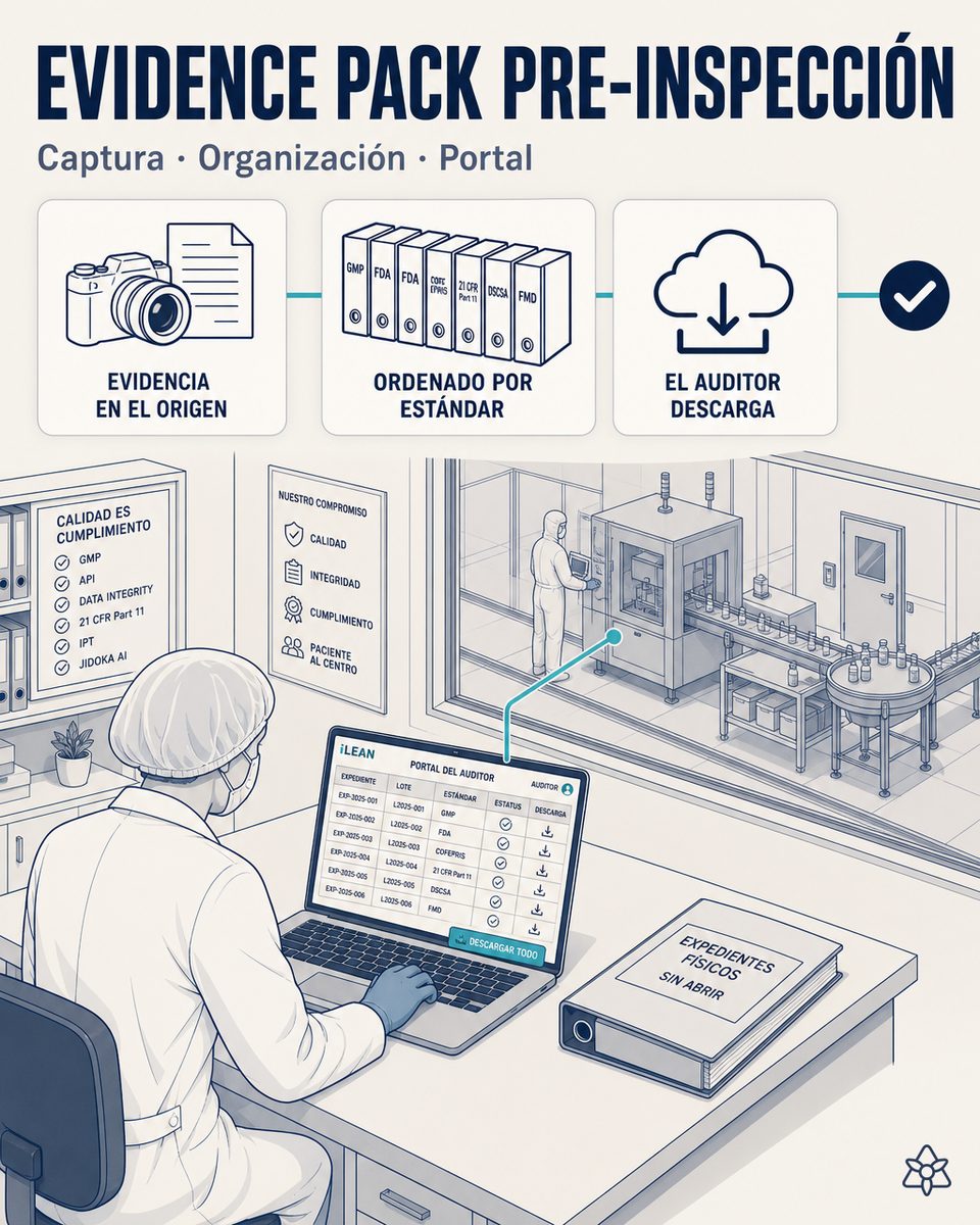 Responsable de Quality de una planta farmacéutica hormonal revisando en un portátil el portal del auditor con el evidence pack organizado por estándar FDA y COFEPRIS