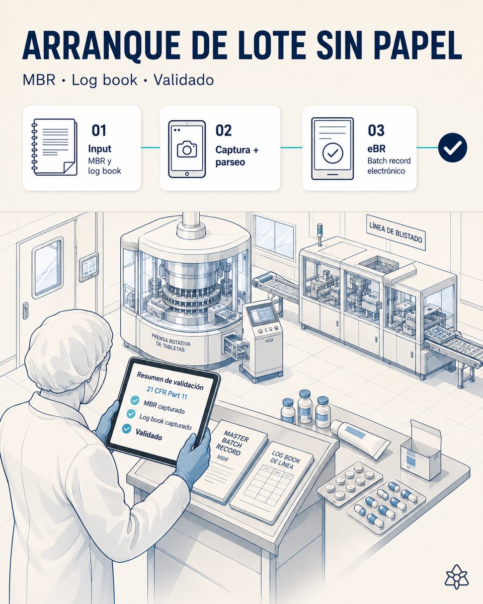Operario cualificado de una fábrica farmacéutica de sólido oral hormonal fotografiando con la tableta el Master Batch Record y el log book de línea al arrancar el lote — Connect los digitaliza al segundo cero