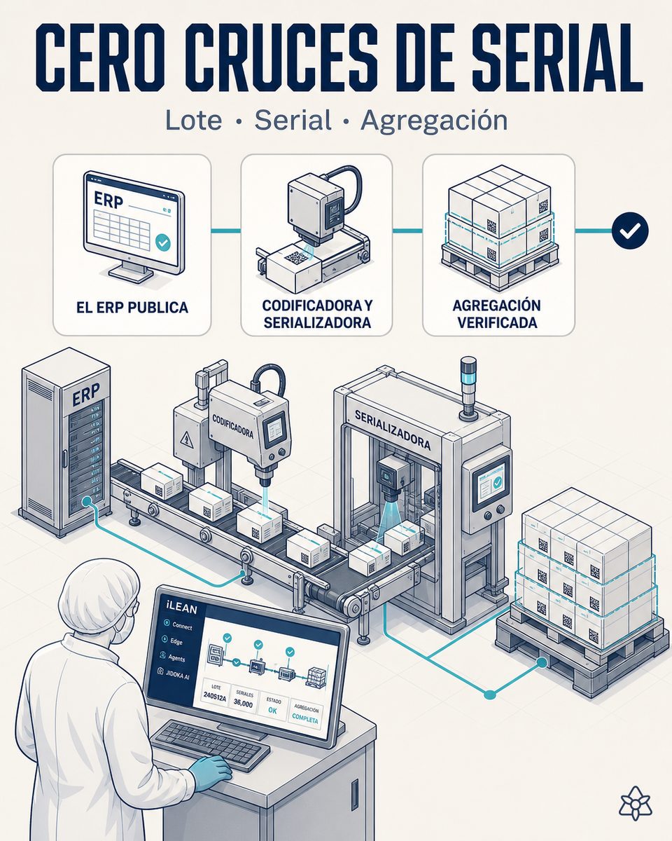 Codificadora y sistema de serialización DSCSA de una línea de acondicionado farmacéutico hormonal cosidos bidireccionalmente al ERP mediante iLEAN Connect, con lote, serial y aggregation publicados desde la OF activa