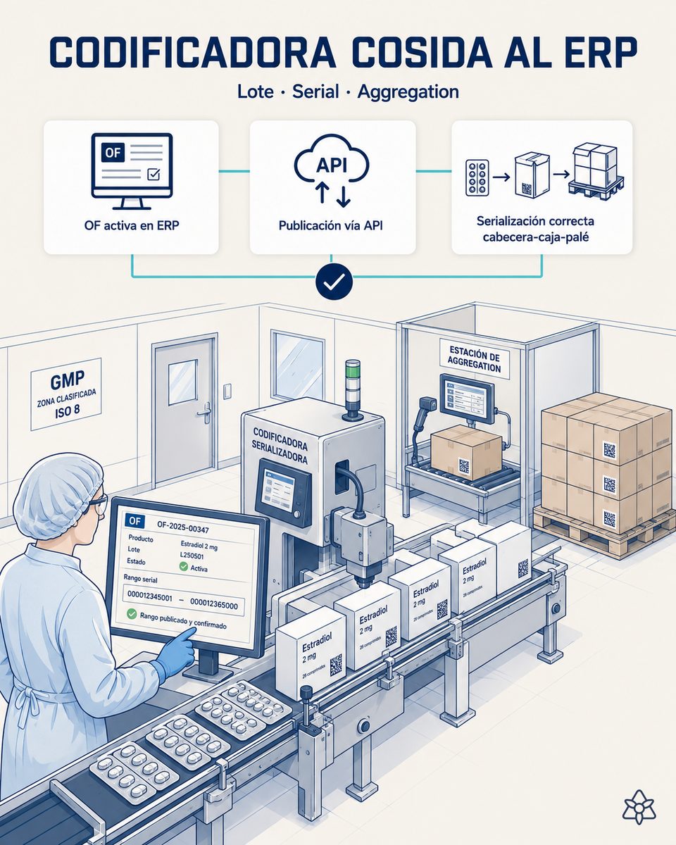 Codificadora y sistema de serialización DSCSA de una línea de acondicionado farmacéutico hormonal cosidos bidireccionalmente al ERP mediante iLEAN Connect, con lote, serial y aggregation publicados desde la OF activa