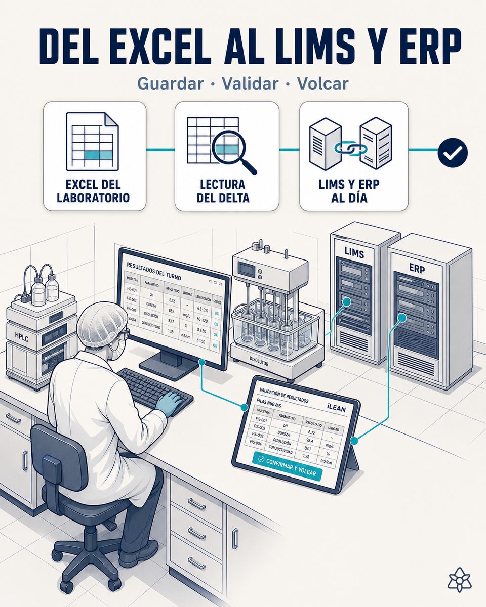 Responsable de fisicoquímica de una planta farmacéutica hormonal guardando el Excel de resultados del turno en una carpeta compartida, con una tableta al lado mostrando la validación del jefe de laboratorio antes del volcado al LIMS y ERP