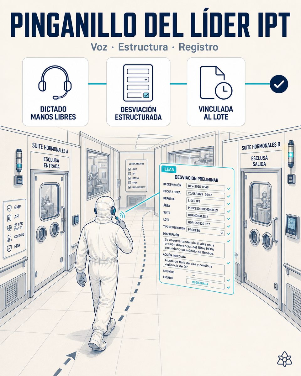Líder de IPT de un site de farma hormonal caminando entre suites con EPI de contención y un pinganillo, dictando una observación que iLEAN Connect estructura como deviation preliminar en tiempo real