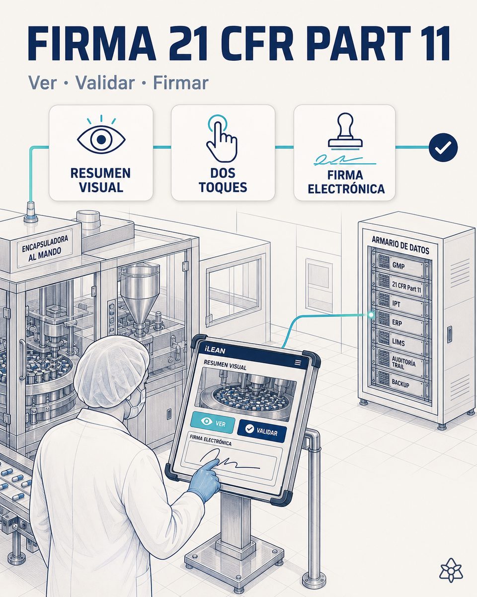 Operario cualificado de una planta farmacéutica hormonal firmando electrónicamente en la tableta industrial el resumen visual capturado por iLEAN Connect, antes de que el dato entre al batch record