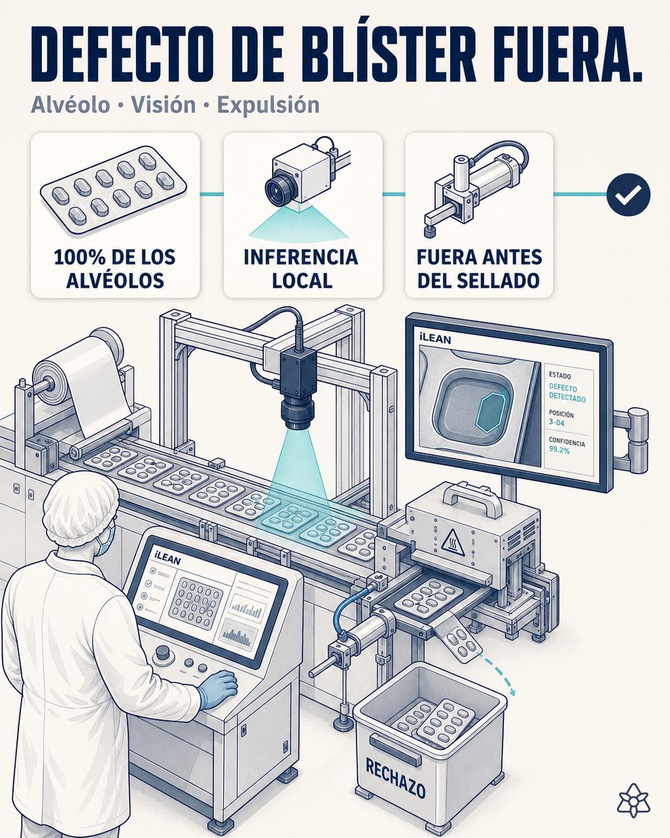 Cámara industrial Edge instalada en cenital sobre la línea de blistado farmacéutico, inspeccionando cada cavidad antes de la estación de sellado y de la expulsión física