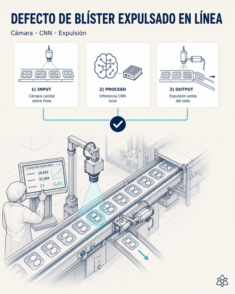 Cámara industrial Edge instalada en cenital sobre la línea de blistado farmacéutico, inspeccionando cada cavidad antes de la estación de sellado y de la expulsión física