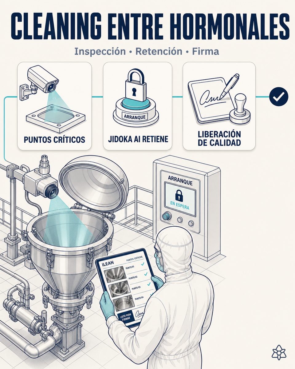 Cámara Edge verificando el cleaning entre productos hormonales en la tolva de dispensado de una suite de compuestos altamente activos, con JIDOKA AI reteniendo el arranque hasta el OK y la firma de QA