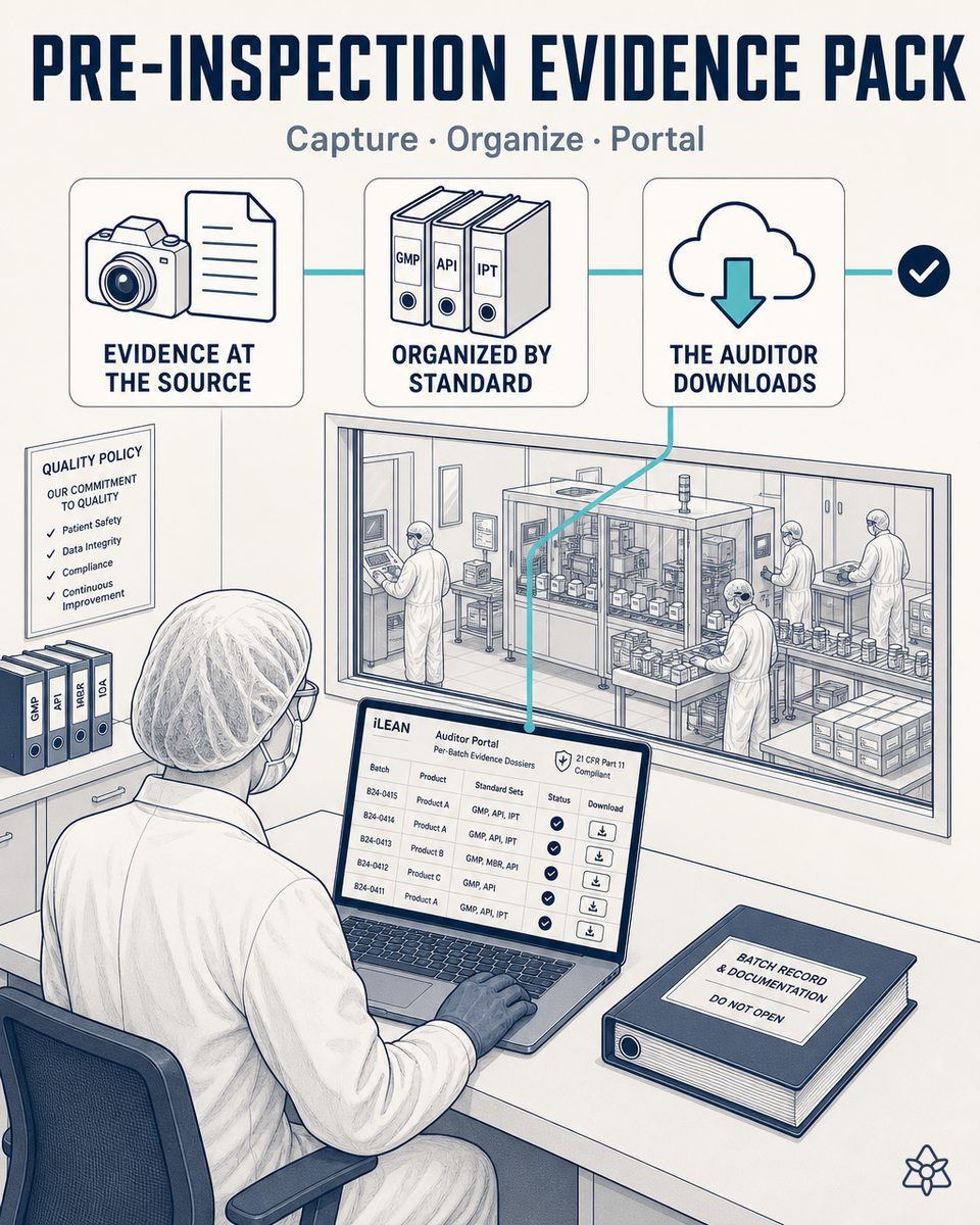 Quality lead of a hormonal pharmaceutical plant reviewing on a laptop the auditor portal with the evidence pack organized by FDA and COFEPRIS standard