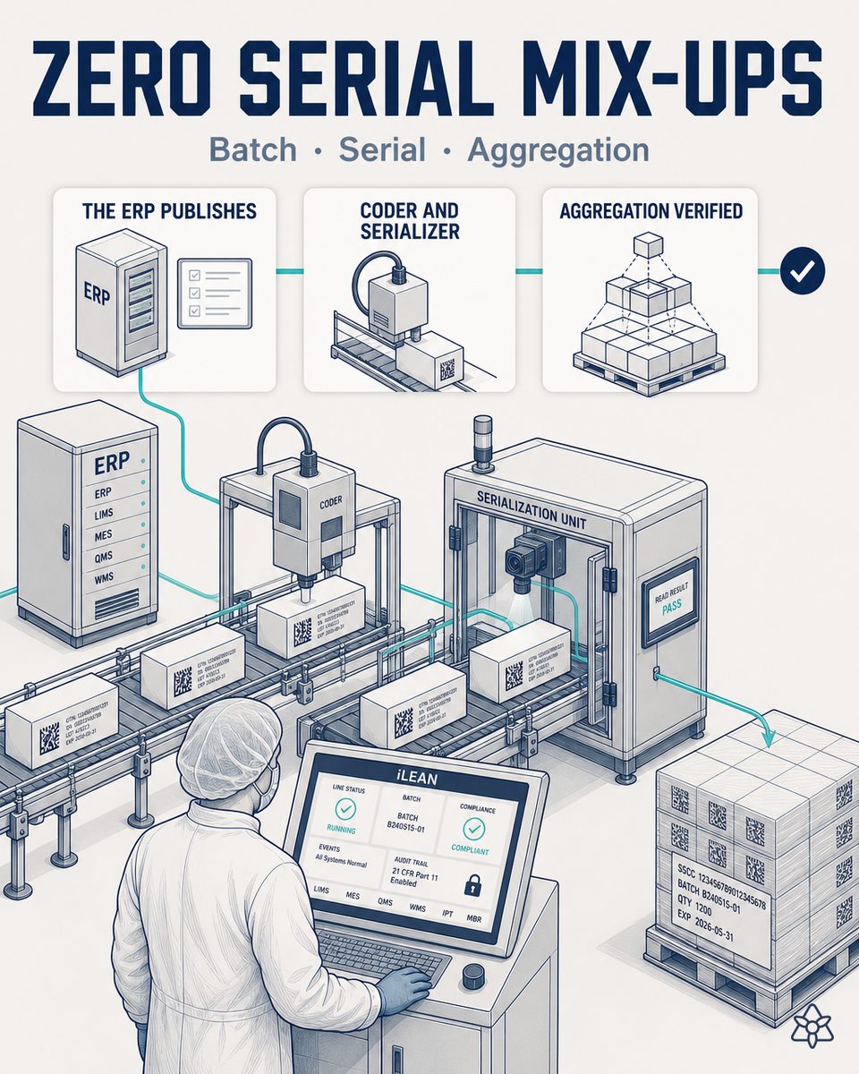 Coder and DSCSA serialization system of a hormonal pharmaceutical packaging line stitched bidirectionally to the ERP through iLEAN Connect, with batch, serial and aggregation published from the active work order