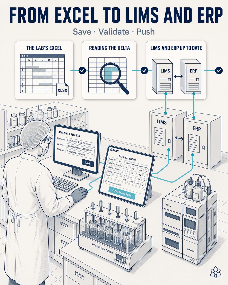Physical chemistry lead of a hormonal pharmaceutical plant saving the shift's results Excel to a shared folder, with a tablet beside showing the lab manager's validation before the feed into the LIMS and ERP