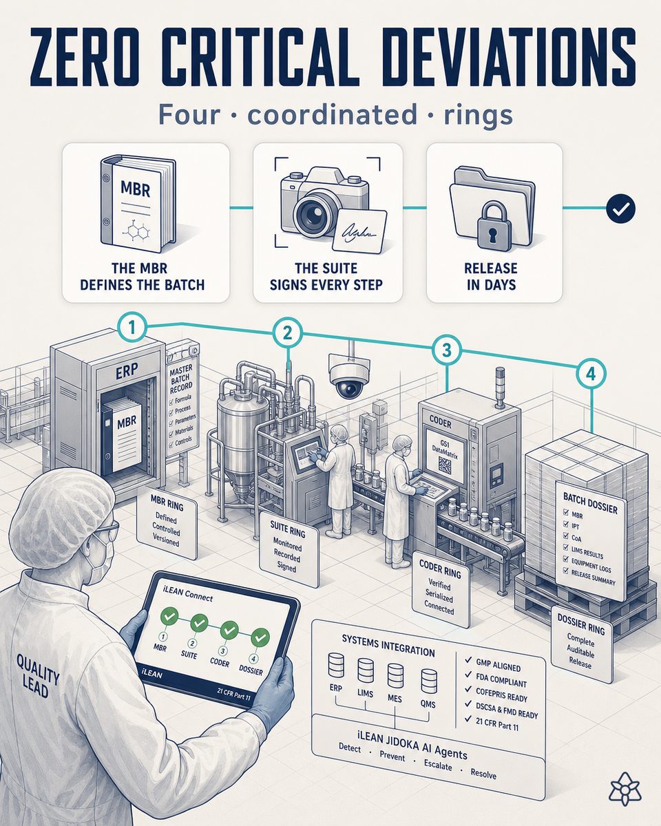 Hormonal pharma plant with four verification points coordinated by Agents — the ERP and MBR defining the batch, the suite signing every photo and every granulator curve, the coder with an overhead Edge camera reading the printed serial, and a pallet with an evidence pack of cleanings and deviations — iLEAN's 4-ring agentic system for zero critical deviations and batch release in days