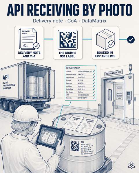 Delivery note, CoA and GS1 DataMatrix labels captured at API receiving