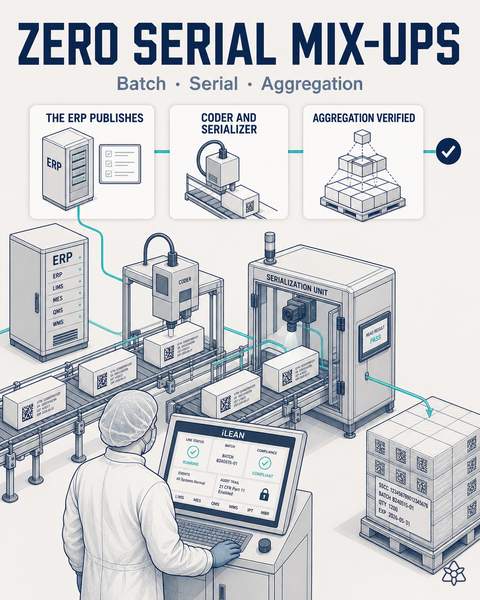 Coder and DSCSA serializer receiving batch, serial and aggregation from the ERP