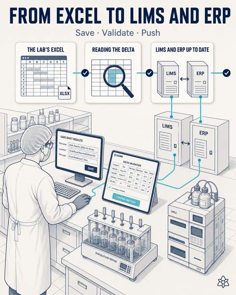 QC laboratory results fed into the LIMS and ERP after the lab manager's signature