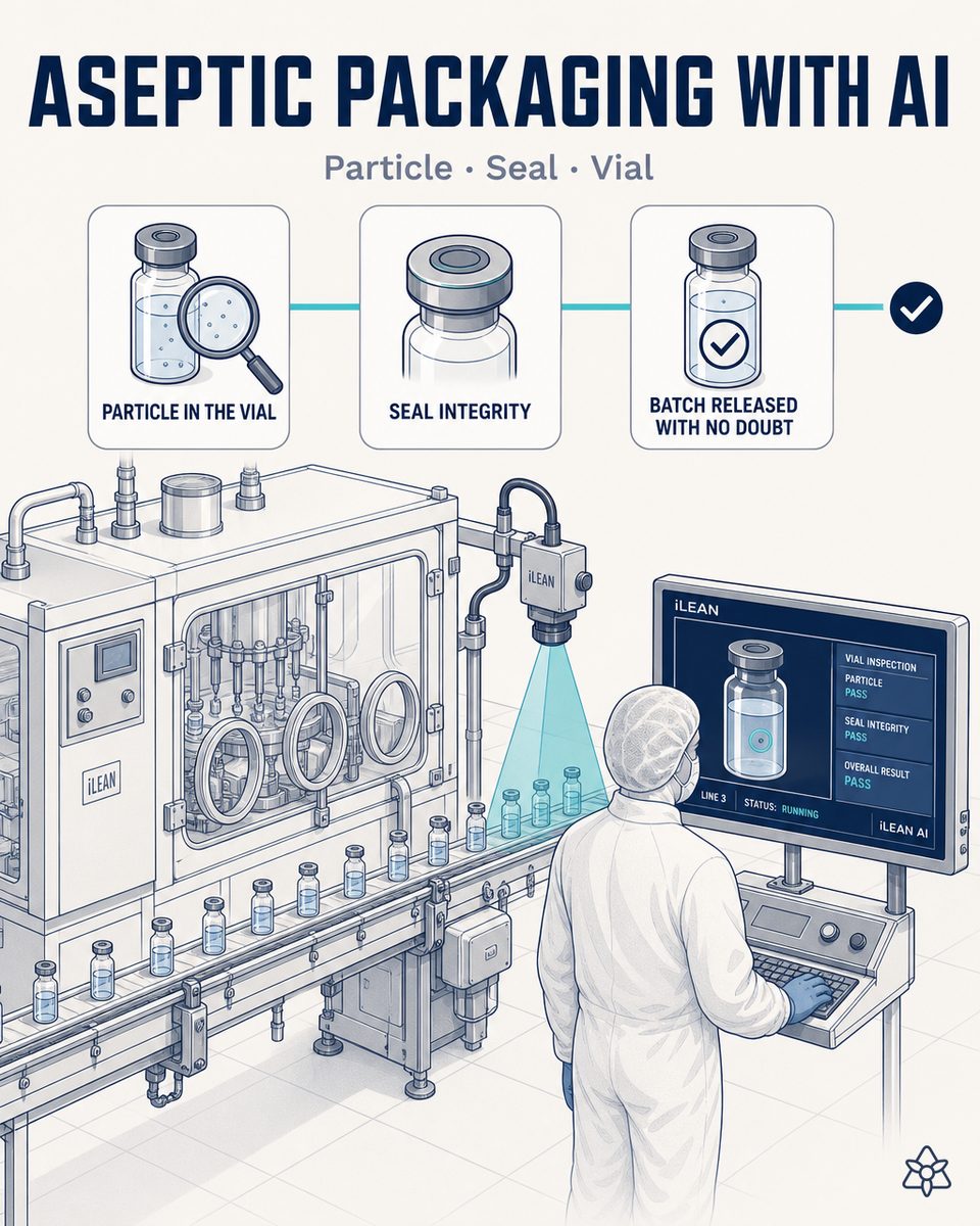 Aseptic packaging line with an isolator, an iLEAN Vision camera over the vials leaving the filler and an operator in cleanroom gowning — AI inspection of particles and sealing