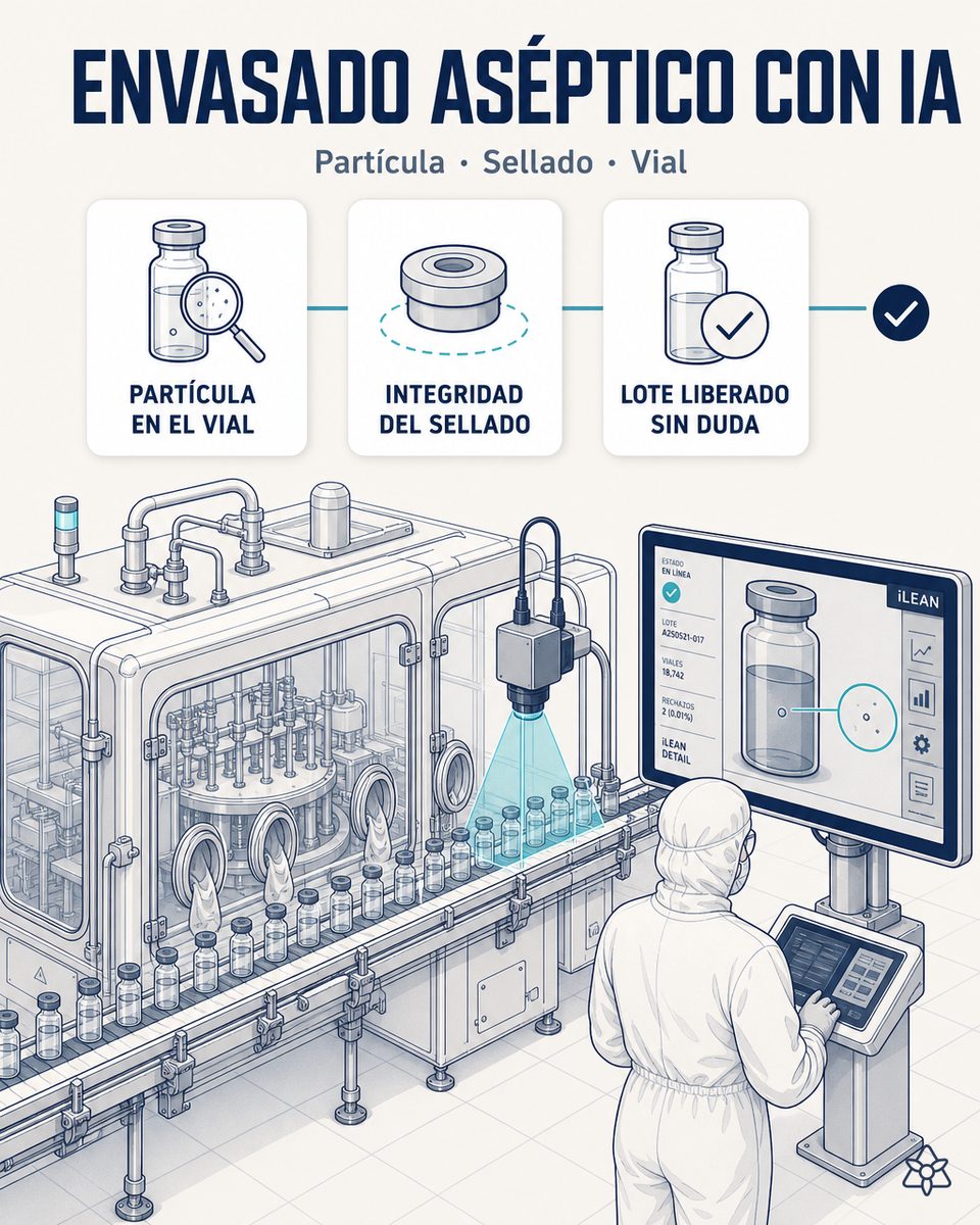 Línea de envasado aséptico con isolator, cámara iLEAN Vision sobre los viales saliendo de la llenadora, operario en bata cleanroom — inspección de partículas y sellado con IA