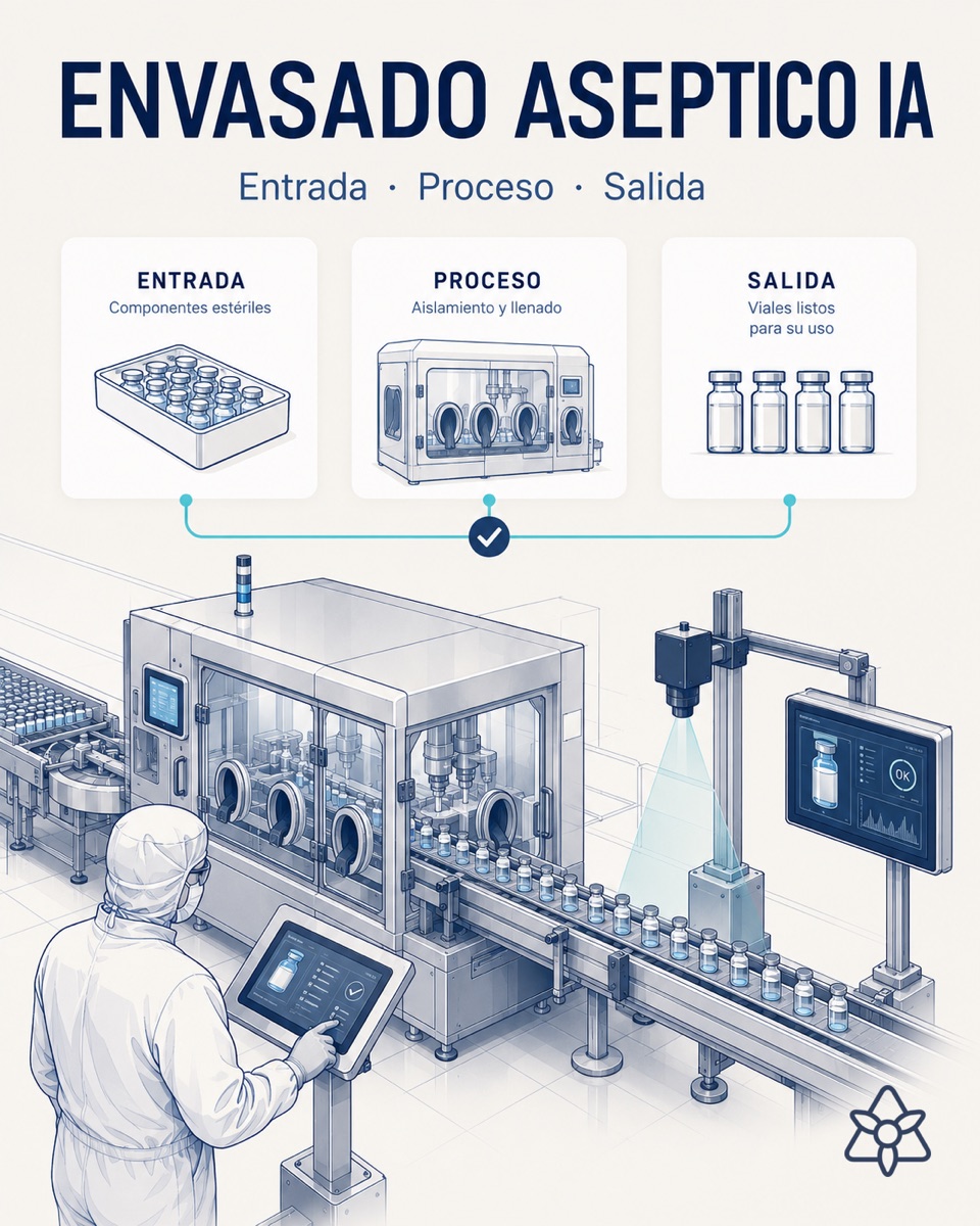 Aseptic packaging line with an isolator, an iLEAN Vision camera over the vials leaving the filler and an operator in cleanroom gowning — AI inspection of particles and sealing
