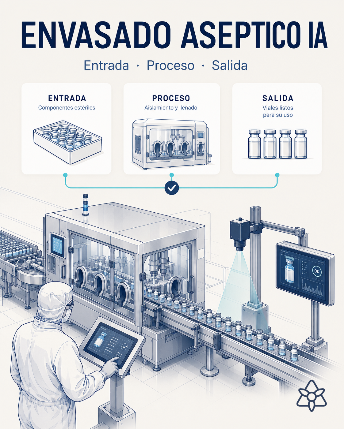 Línea de envasado aséptico con isolator, cámara iLEAN Vision sobre los viales saliendo de la llenadora, operario en bata cleanroom — inspección de partículas y sellado con IA