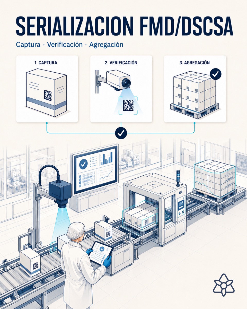 Pharma packaging line with an Edge camera reading the DataMatrix on every pack, a pallet aggregation terminal and an operator validating — FMD serialization with AI